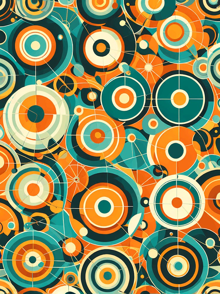 A Vibrant Retro Futuristic Seamless Pattern Featuring Stylized Atoms Starbursts And Geometric Shapes in shades of blue, white and orange, 274