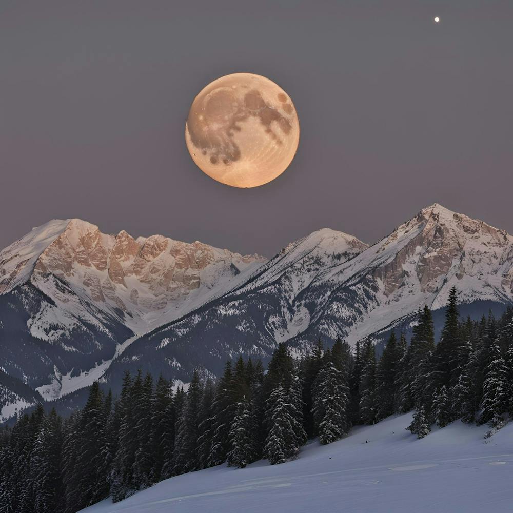 Full Moon Over Snowy Mountains