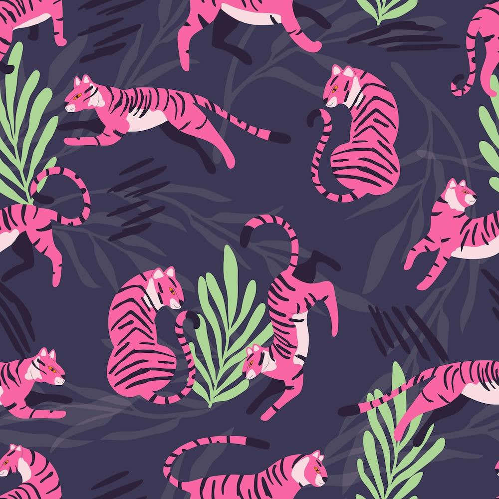 Pink Tiger Pattern On Purple With Floral Decoration Square
