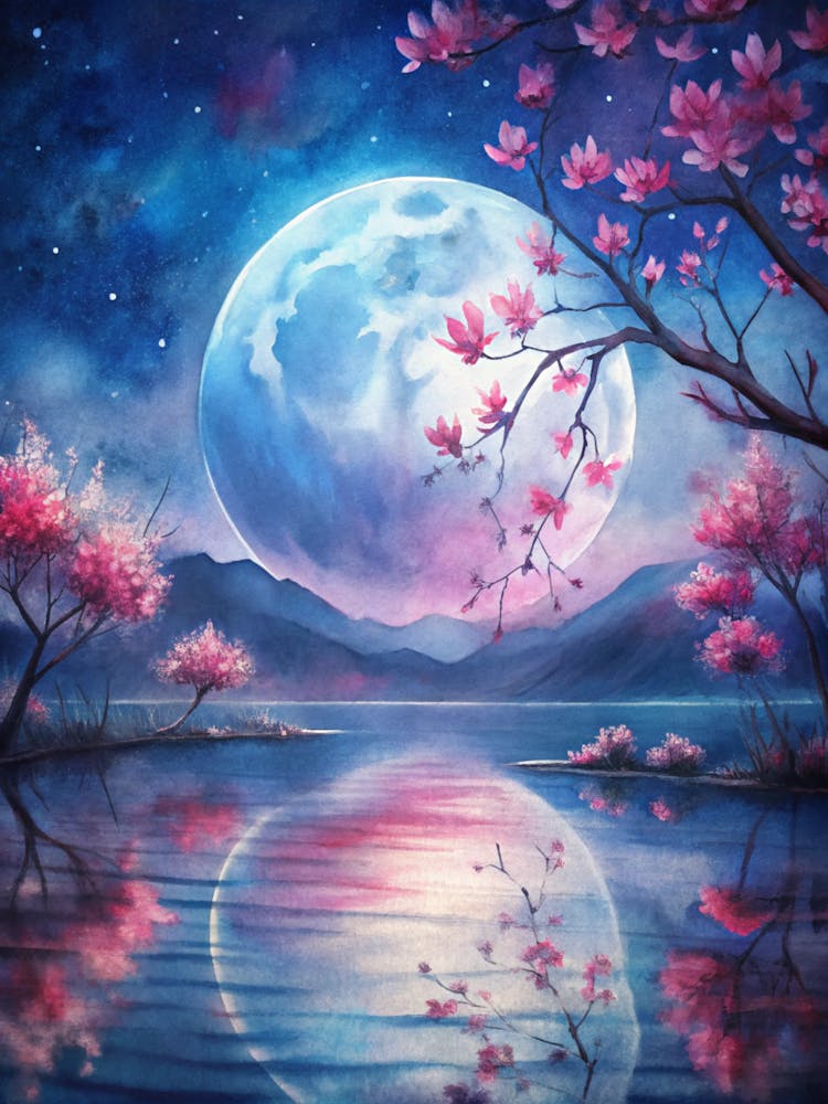 A Glowing Full Moon Illuminating Crimson Blossoms (1)