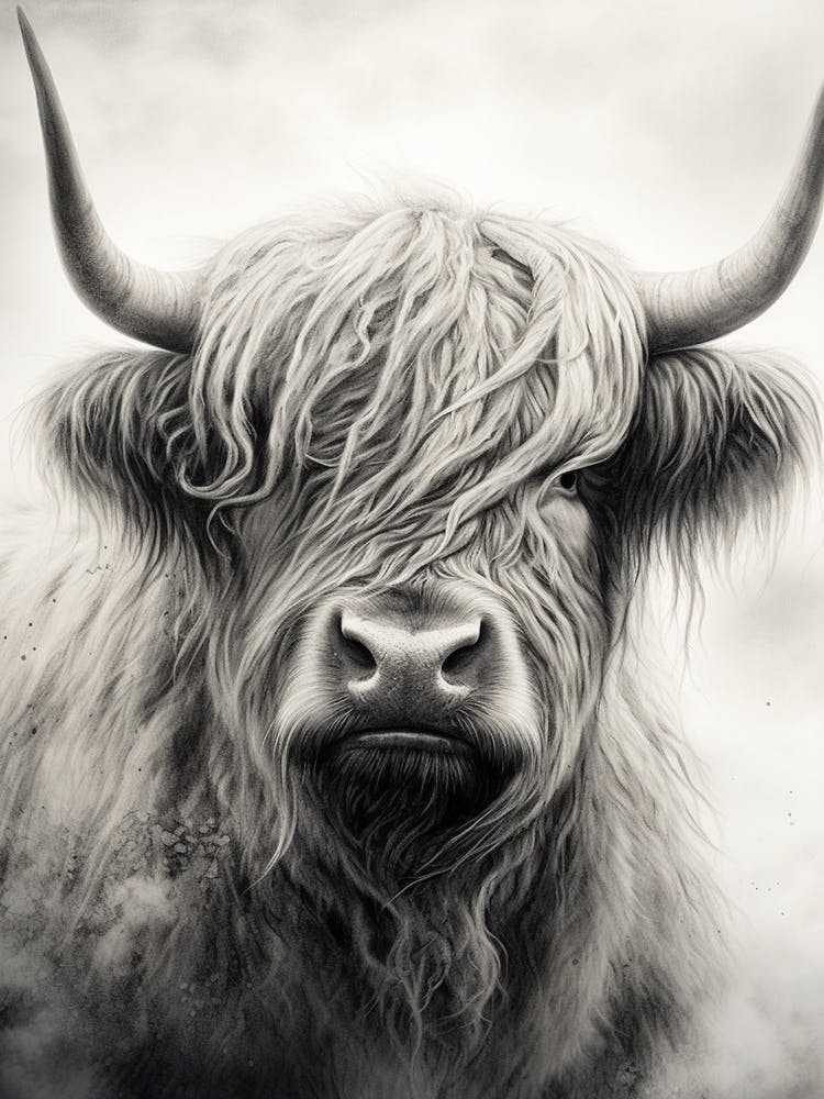Black & White Stippling Illustration Of Highland Cow 3