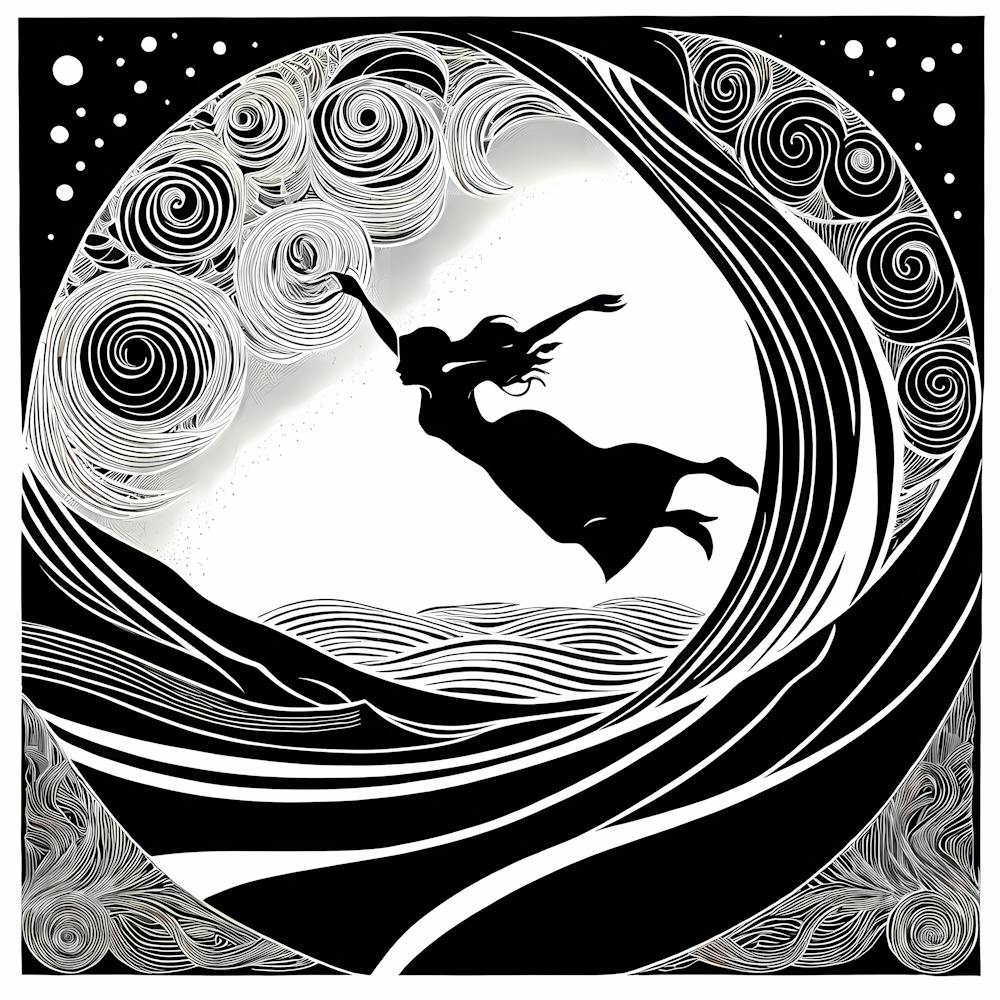 A Linocut Piece of woman Gracefully Falling Into An Abyss, 118