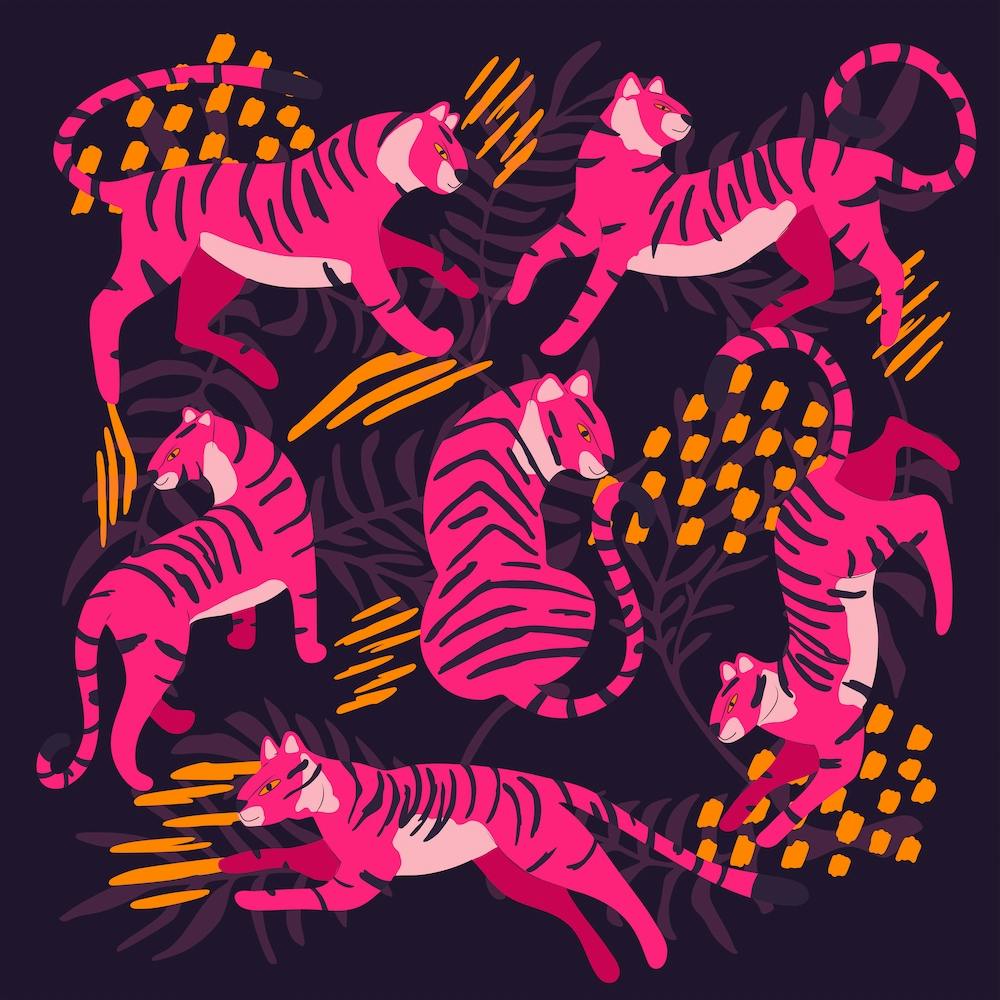 Pink Tigers On Dark Purple Square