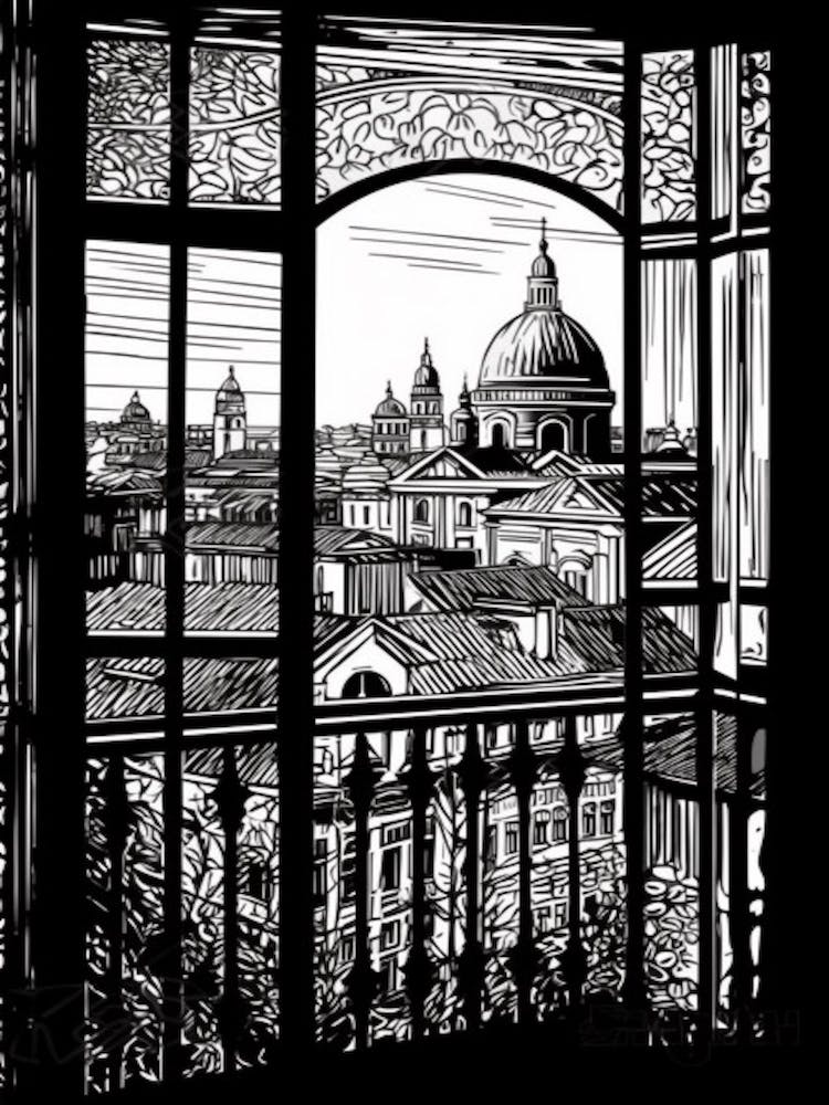 Window View Of Budapest Hungary   Black And White Colouring Pages Line Art 4