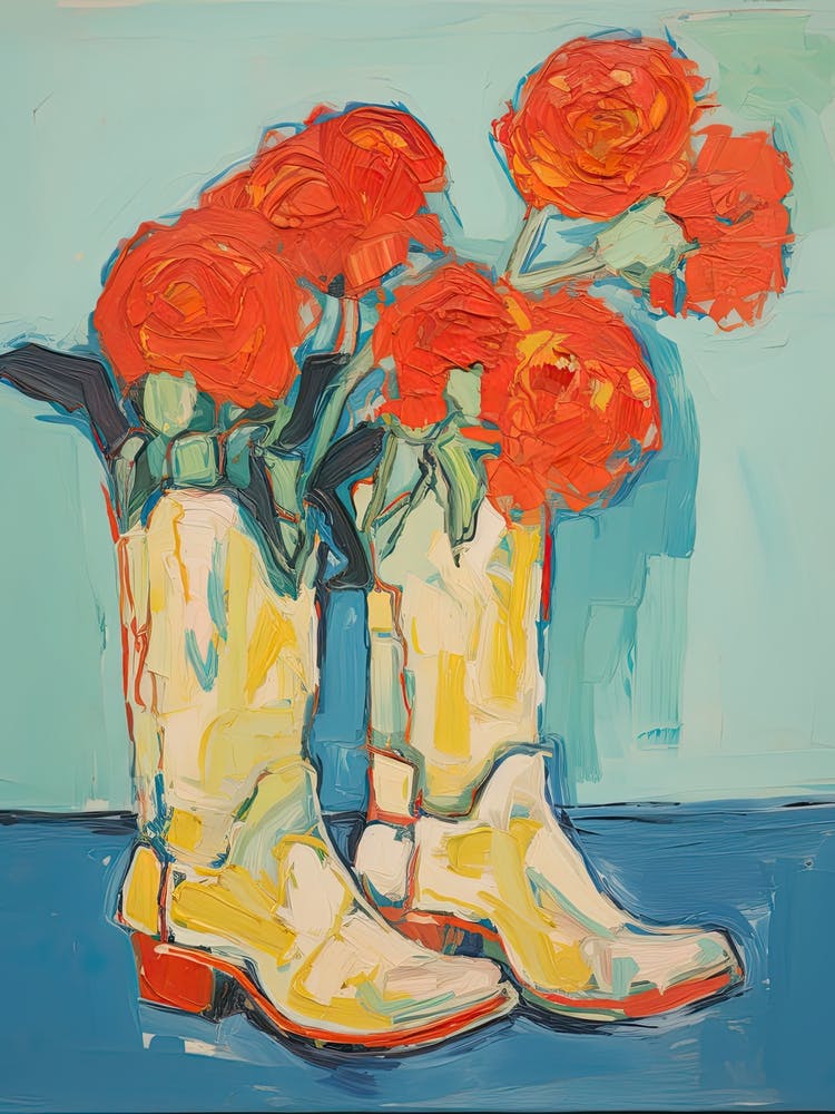 Peinture de Roses Rouges Fleurs et Bottes de Cowboy, Style Huile 2