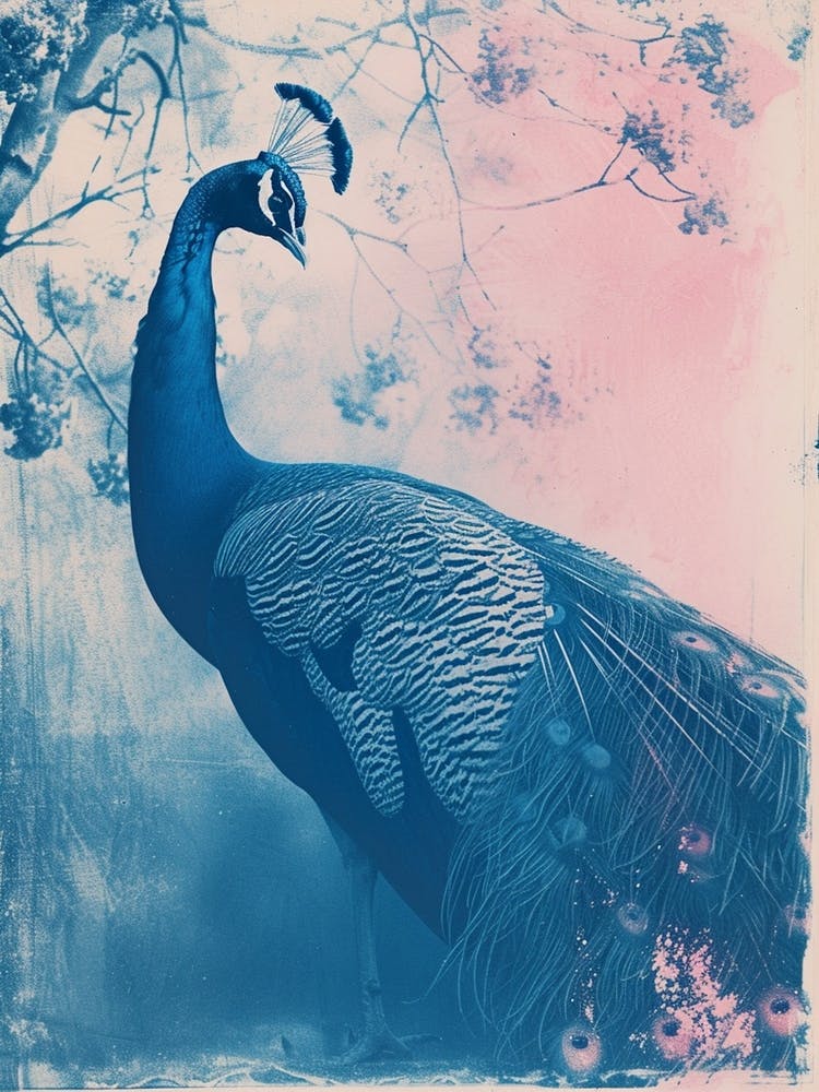 Peacock By The Tree Cyanotype Inspired