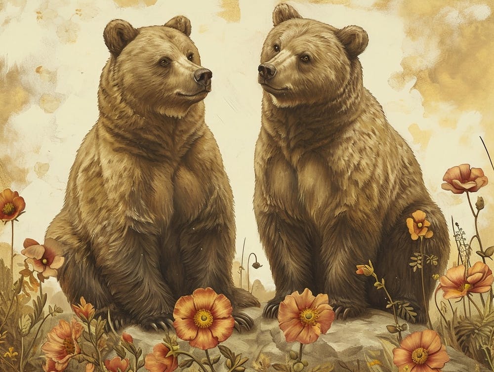 Floral Animal Illustration Grizzly Bear 1