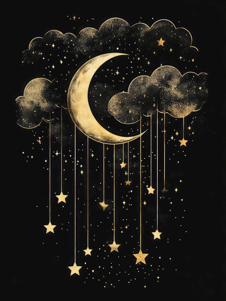 Hanging moonlit sky – rich golds on black – whimsical night-sky aesthetic – soft digital illustration – reminiscent of classic children’s book art – surreal nighttime art – ideal for kids’ rooms, playrooms, or reading nooks