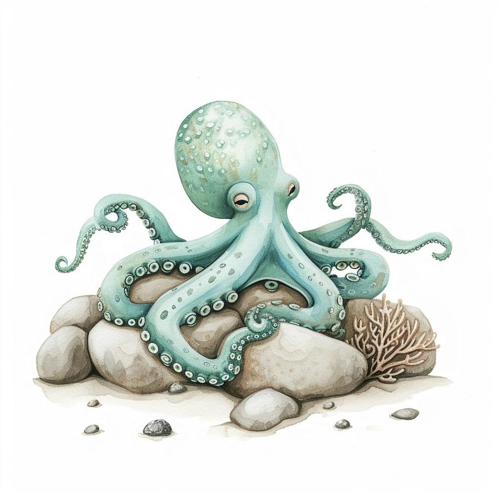Sleepy Storybook Style Octopus On The Rocks 4