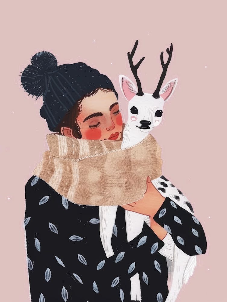 Cute Winter Girl With Deer