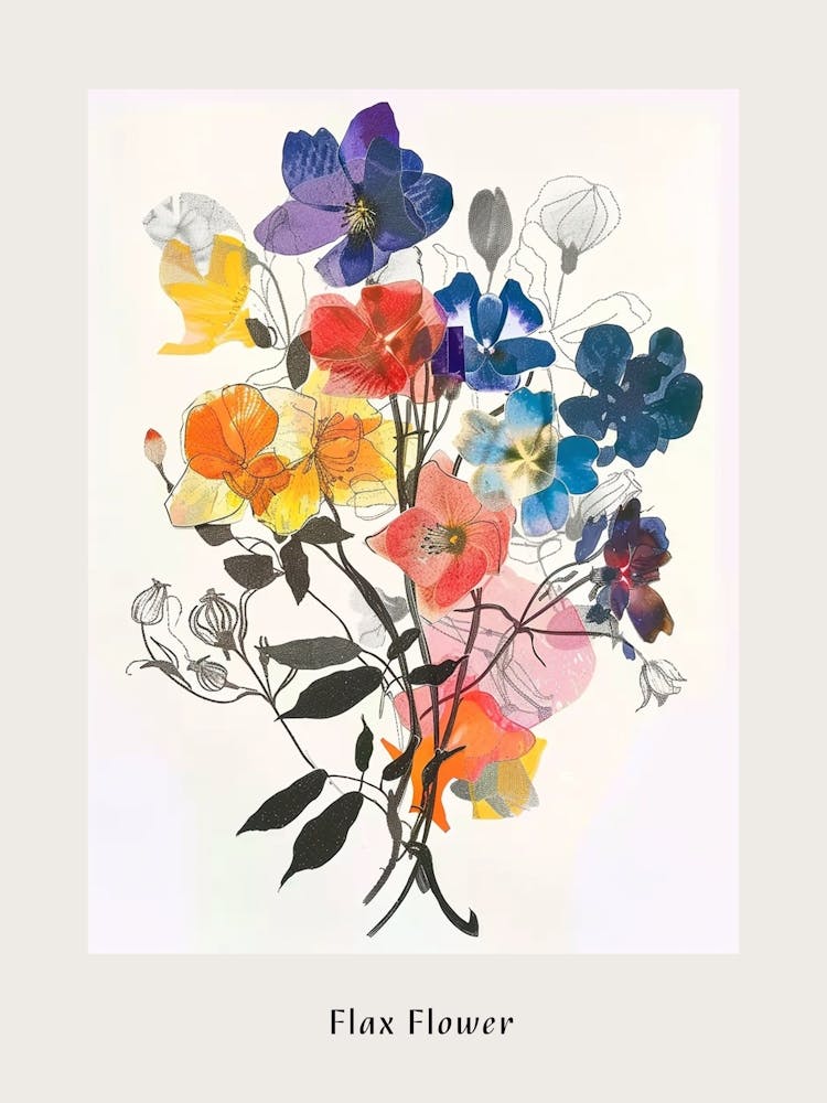 Flax Flower Collage Flower Bouquet Poster