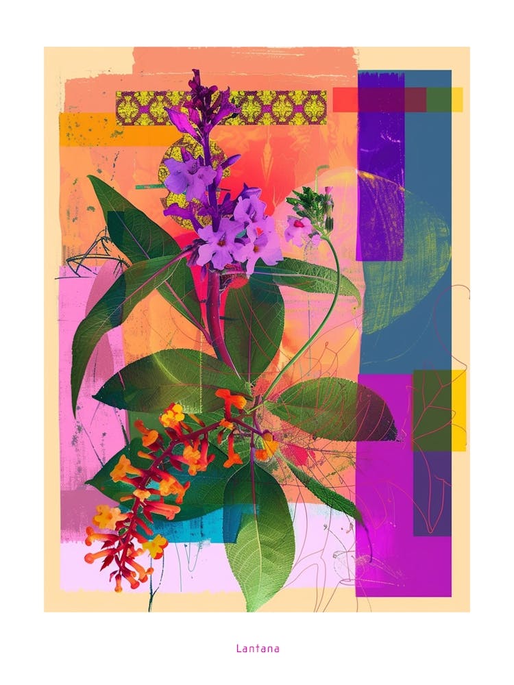 Lantana 3 Neon Flower Collage Poster