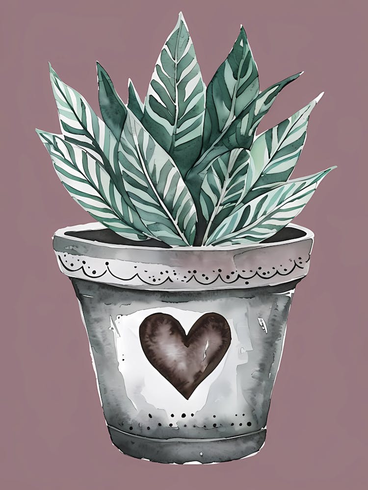 Aquarellillustration Eines grauen Blumentopfs Mit dekorativen Elementen (1)