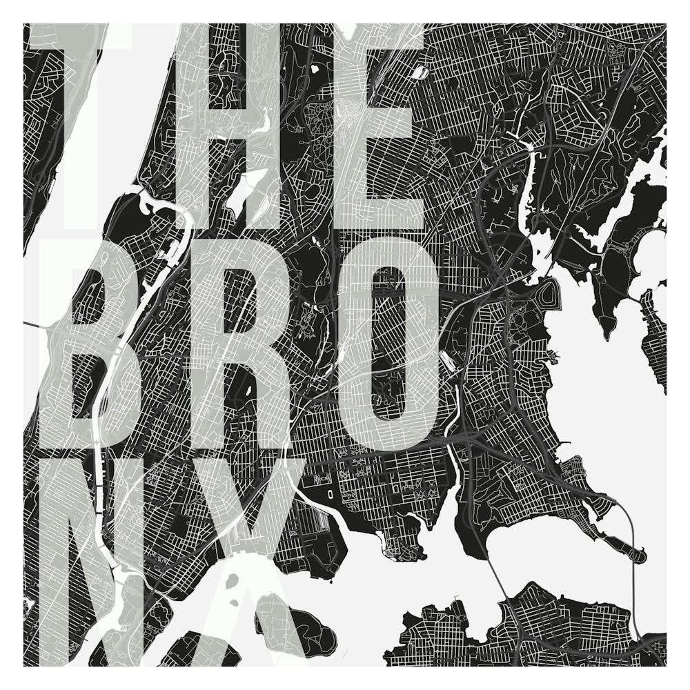 The Bronx Mono Street Map Text Overlay Square