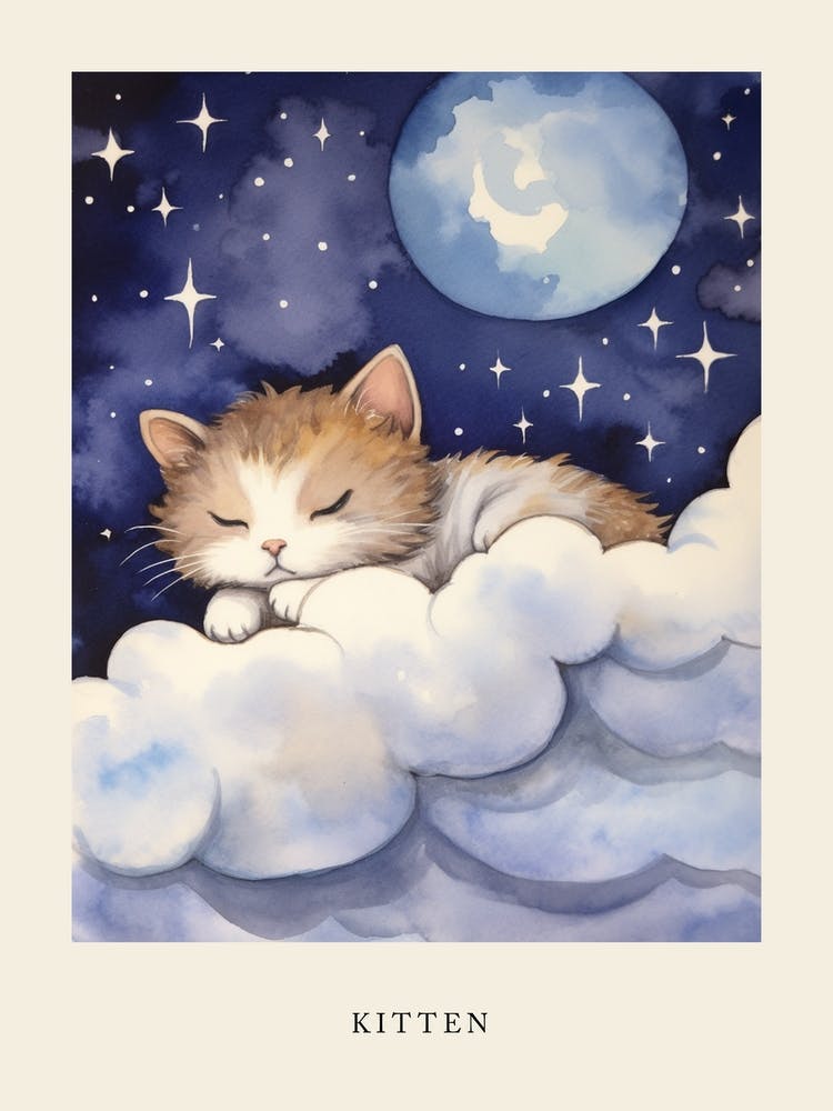 Baby Kitten 6 Sleeping In The Clouds Nursery Poster