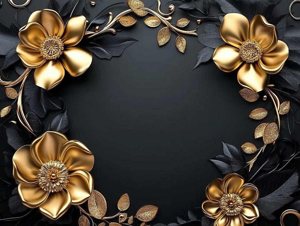 3d Illustration Background with Golden Jewelry and Flowers in Black 1