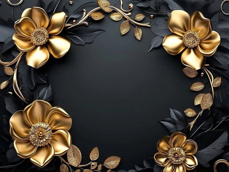 3d Illustration Background with Golden Jewelry and Flowers in Black 1