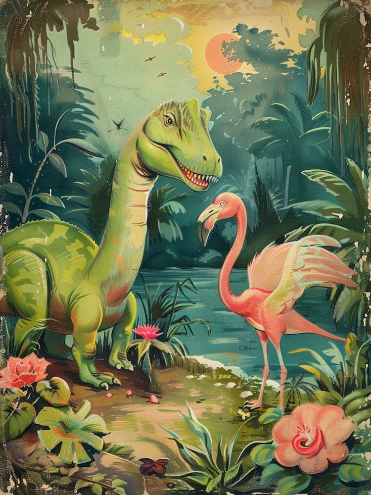 Dinosaur & Flamingo Vintage Storybook Painting