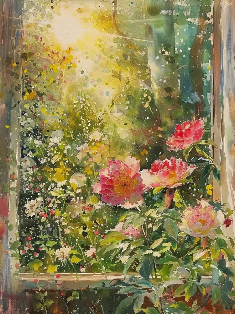 Peony Flowers On A Cottage Window 4