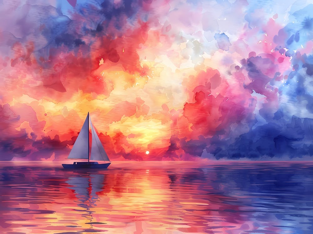 Watercolor Sailboat At Sunset 8