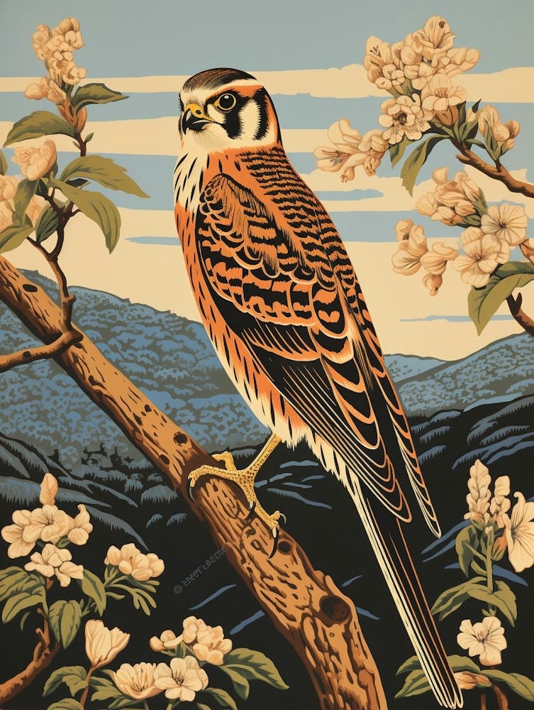 Vintage Bird Linocut American Kestrel 2