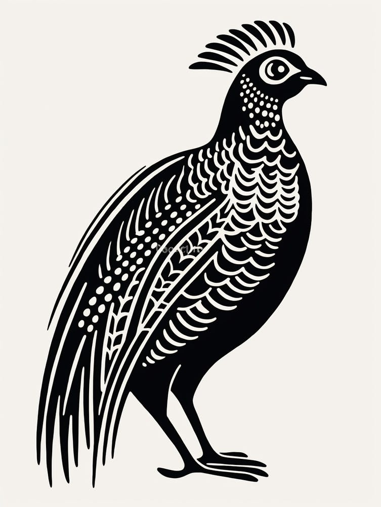 B&W Bird Linocut Pheasant 6