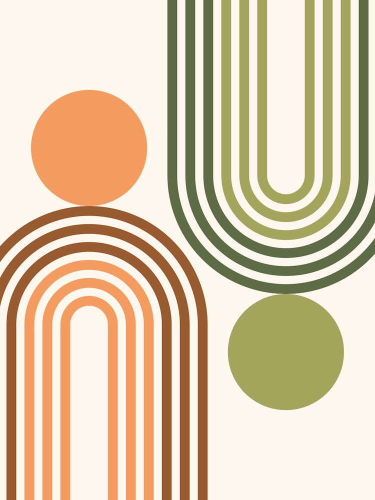 Mid Century Modern Geometric 462 In Sage Green Terracotta Rainbow And Sun Abstraction 01