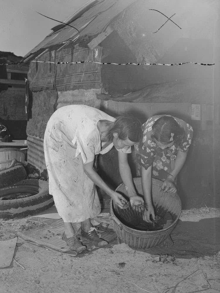 Mother And Daughter Picking Over Crawfish Which They Catch To Sell For Bait, Mays Avenue Camp, Oklahoma City,