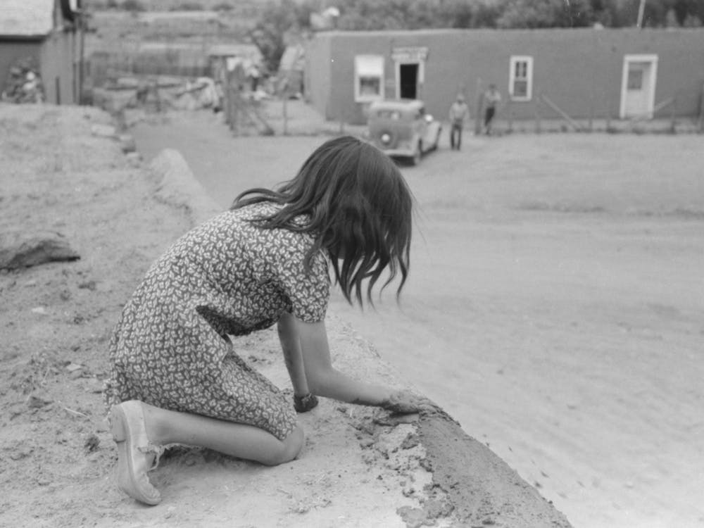 Untitled Photo, Possibly Related To Spanish American Girl Plastering Edge Of Roof Of Adobe House, Costilla, New