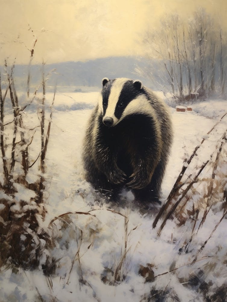 Vintage Winter Animal Painting Badger 2