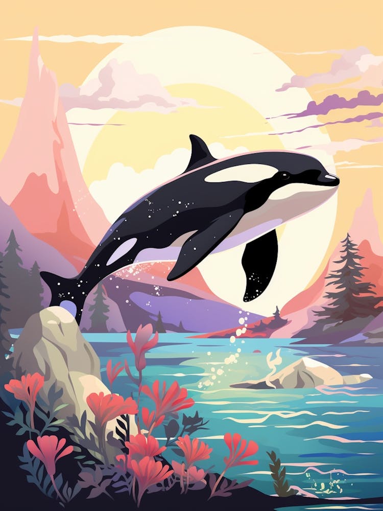 Orca Whale Pastel Mountain And Sun