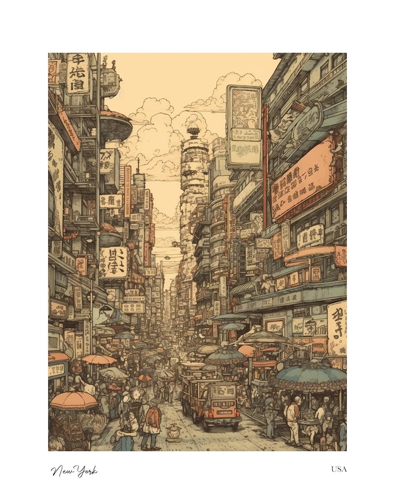 New York Usa Woodblock 1 Watercolour Travel Poster