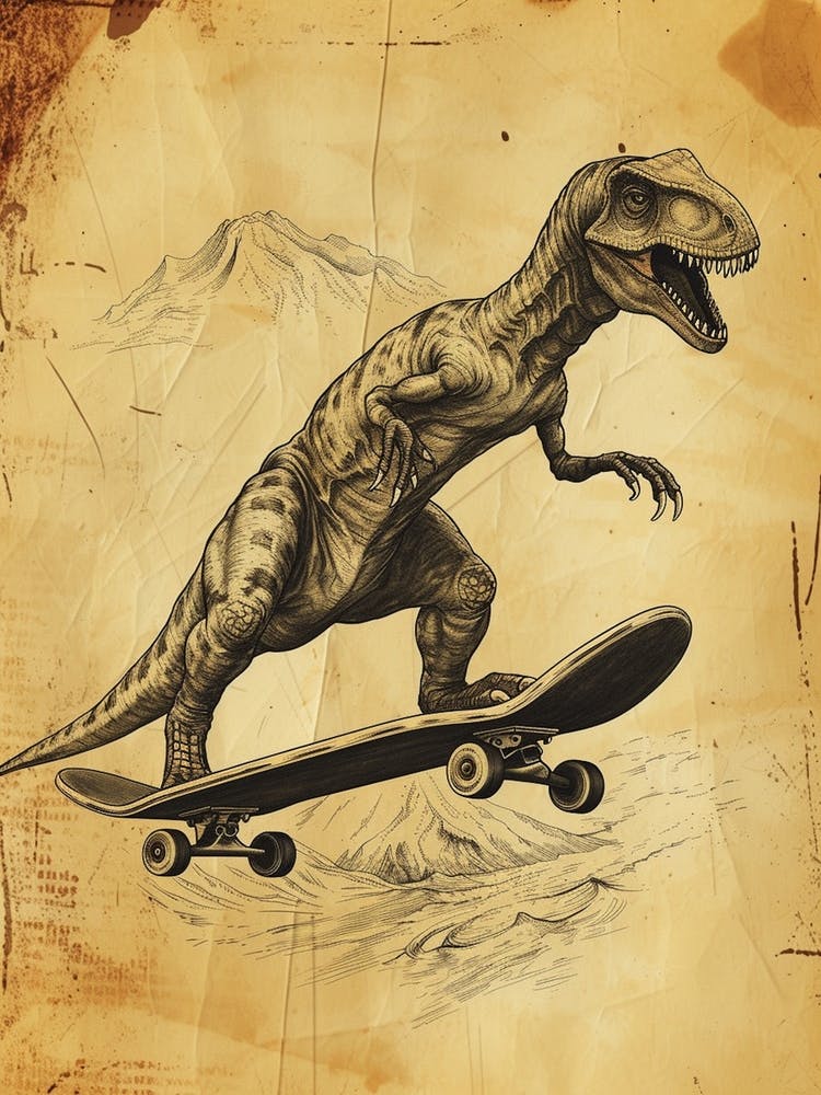 Vintage Compsognathus Dinosaur On A Skateboard 2