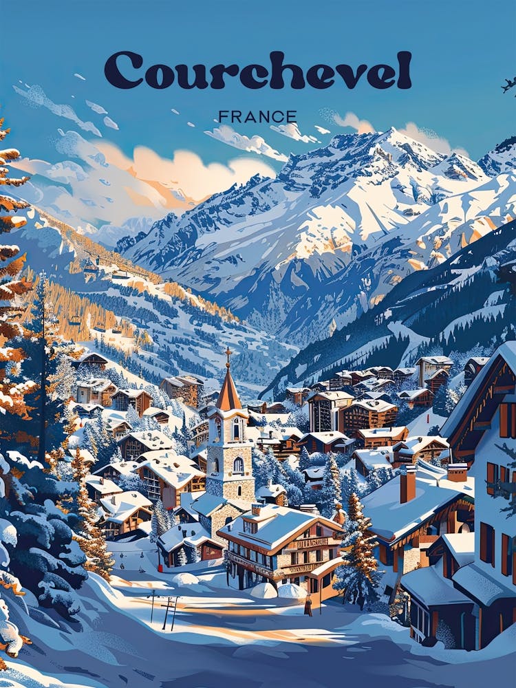 Courchevel France Ski Resort Digital Travel Illustration