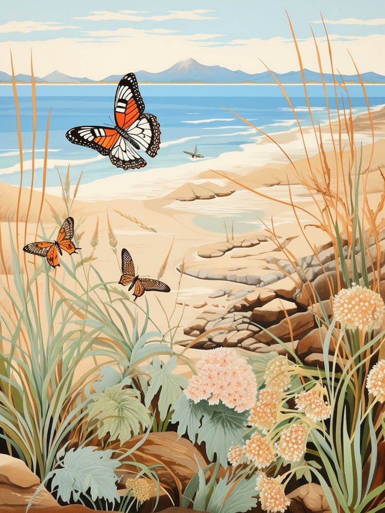 Butterflies In The Sand Dunes Japanese Style Painting 2