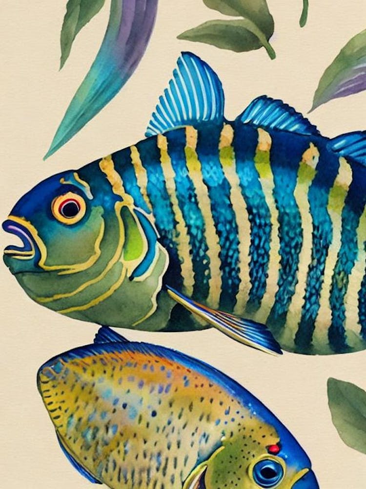Bluestreak Cleaner Wrasse Vintage Graphic Watercolour