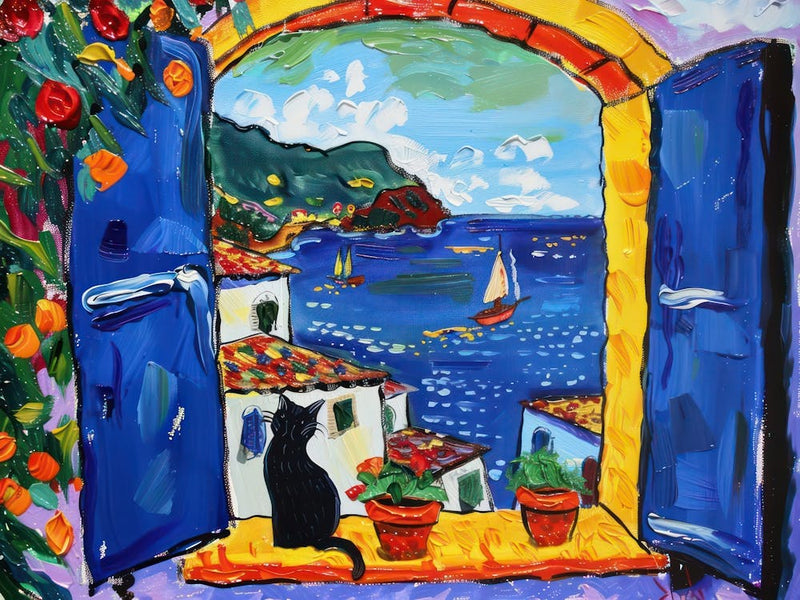 Cat Black On A Window Painting Matisse Style