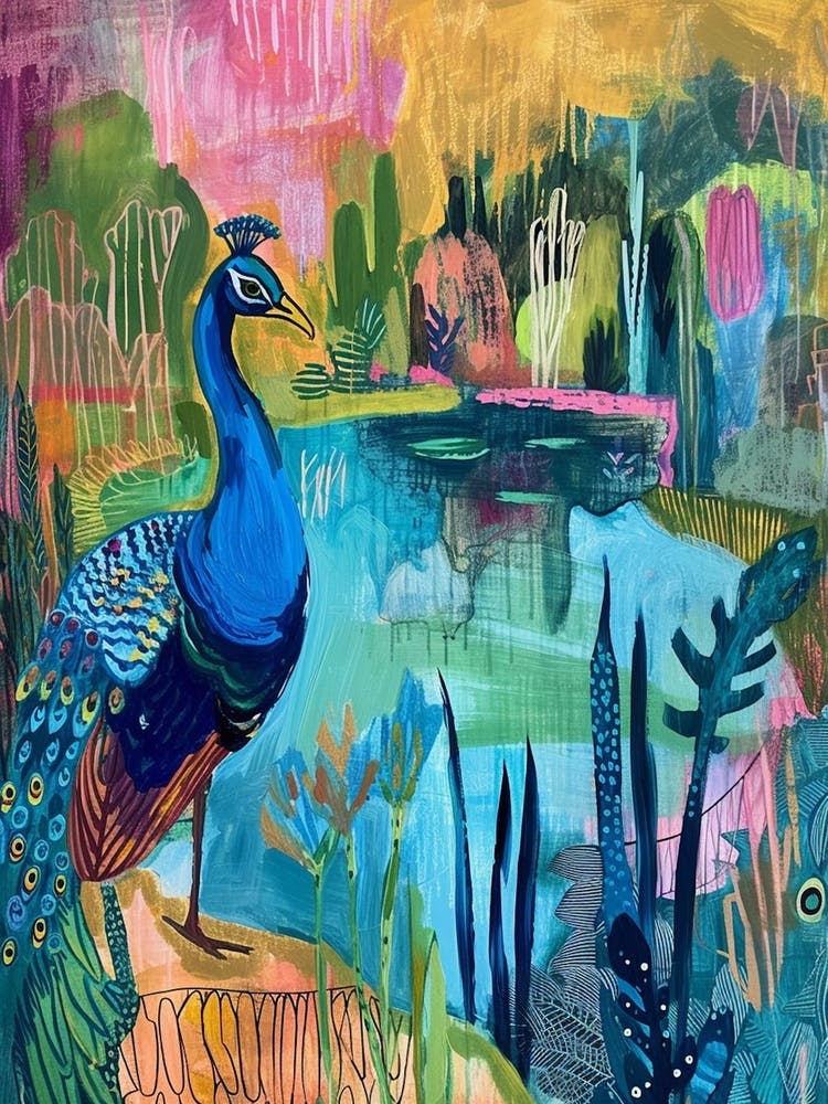 Peacock By The River Colourful Painting 1