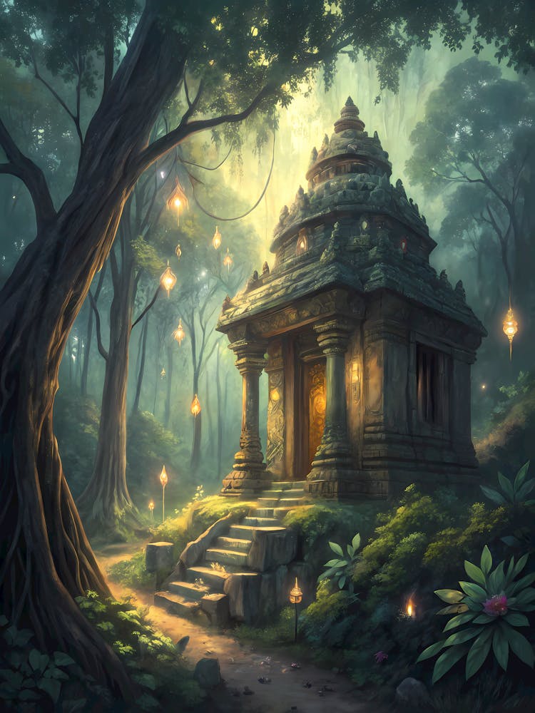 Oil Painting Style Mystical Forest Temple Ancient Ruins & Glowing Lanterns
