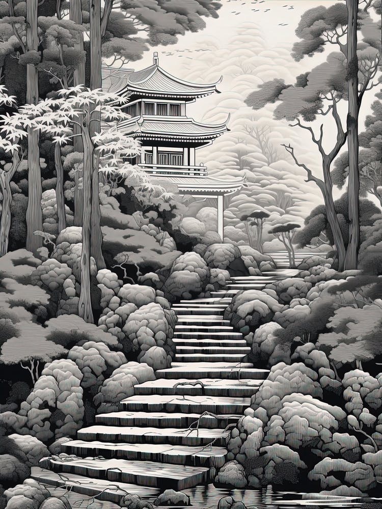 Koya San In Wakayama, Ukiyo E Black And White Line Art Drawing 4
