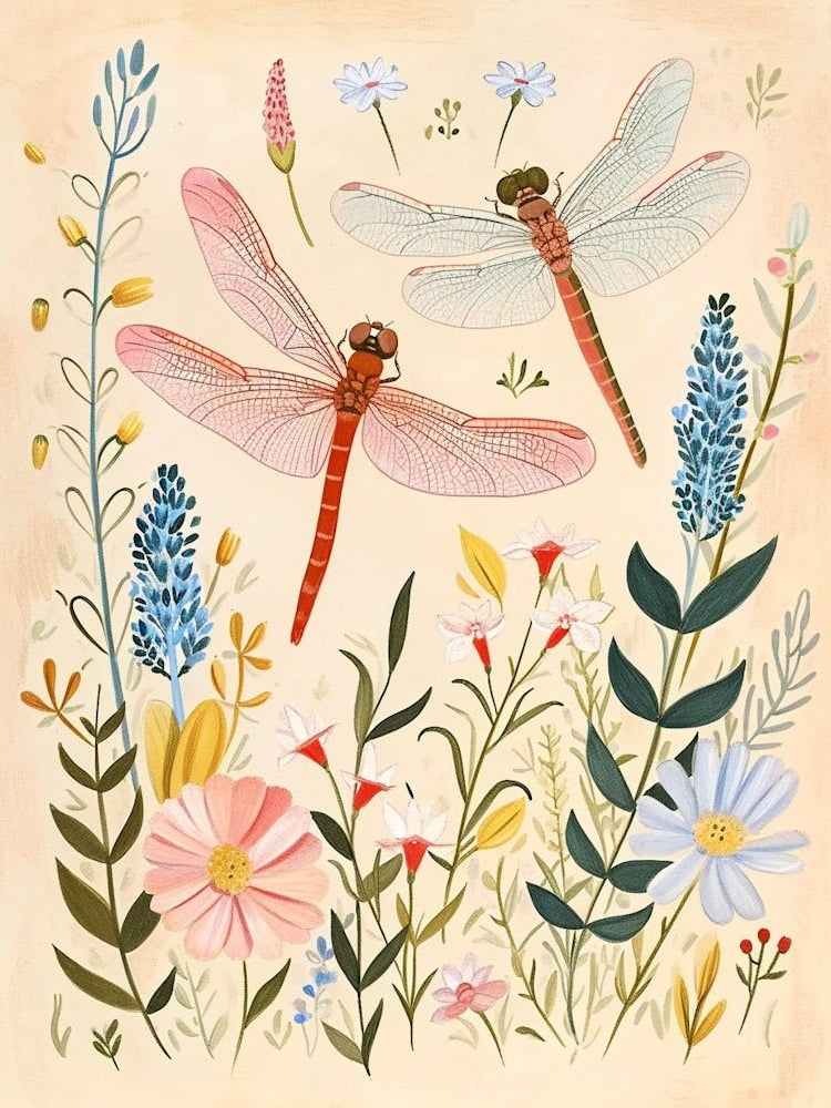 Folksy Floral Animal Drawing Dragonfly 2