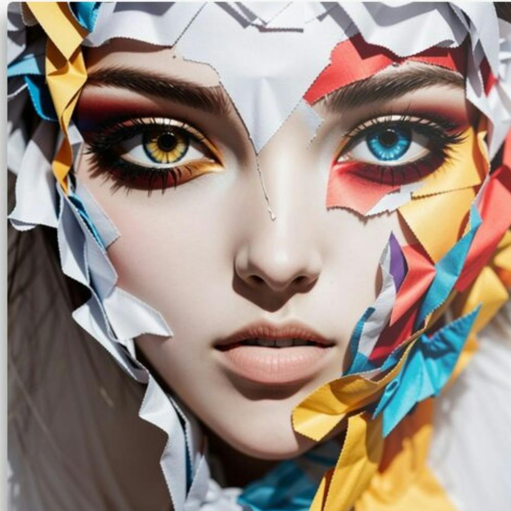 Women face paper torn color eyes.