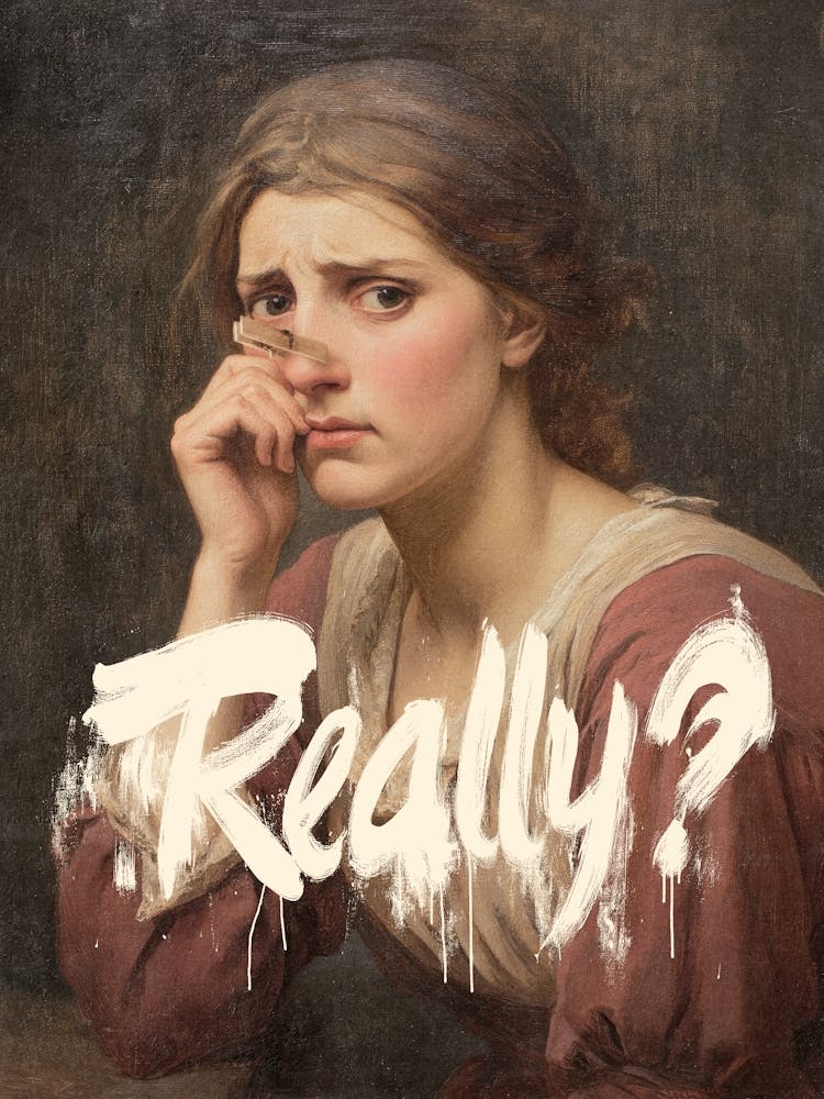 Funny Bathroom Art Classical Portrait of Victorian woman with Nose Pinch With Bold Typography for Bathroom Decor, Vintage Woman Holding Her Nose Classical Bathroom Humor Poster