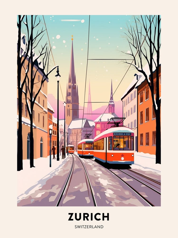 Vintage Winter Travel Poster Zurich Switzerland 2