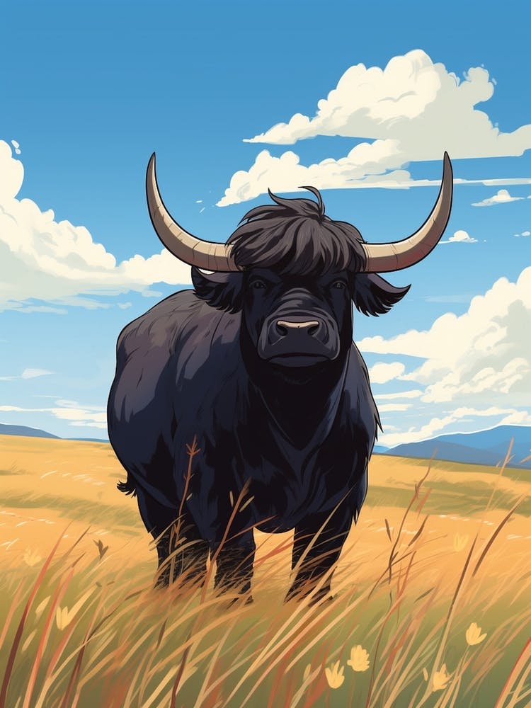 Black Bull In Windy Highland Field