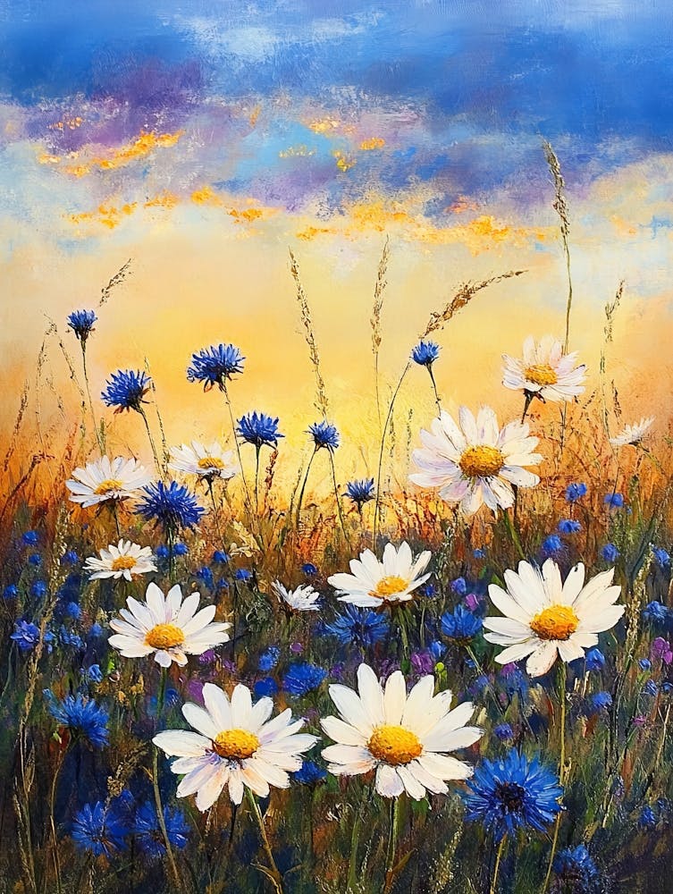 White Daisies Flowers Blue Cornflowers Paintings Monet Painting Claude Impressionism Meadow