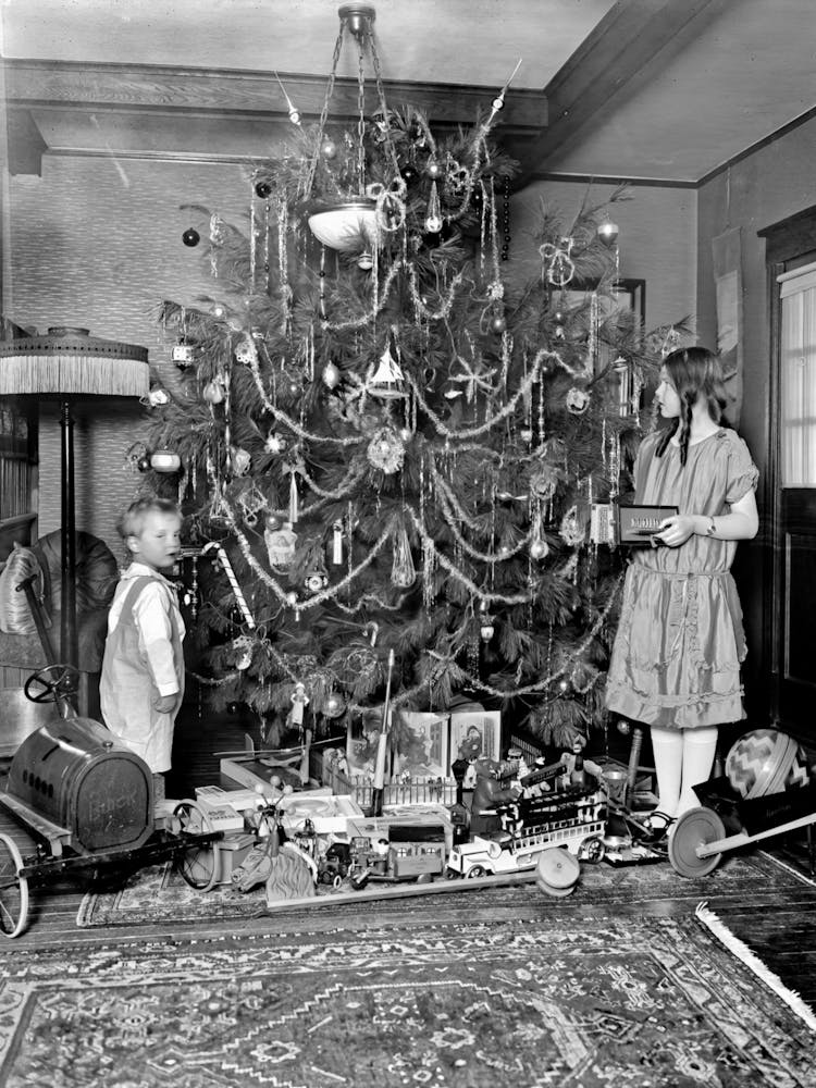 Christmas Tree and Toys, Vintage Black and White Old Photo