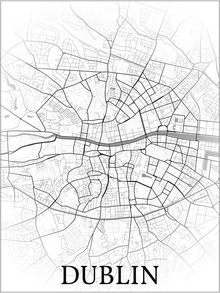 Dublin, Ireland, City Map, Black And White Fade Design