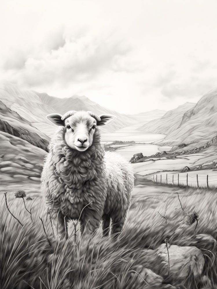 Schwarz-Weiß-Illustration eines Hochlandschafs mit dem Tal in der Ferne 1