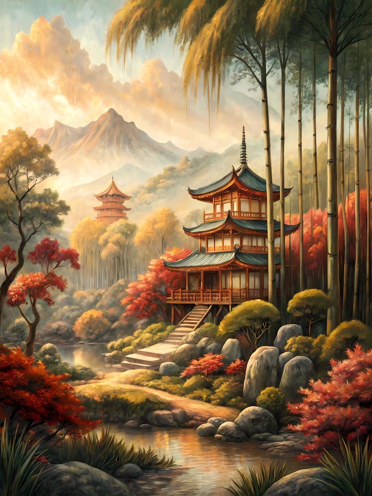 Richly Textured Landscape with Chinese Temples Oil Painting Style